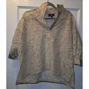 Dash and Dot Beige Lace Embroidered Collared 3/4 Sleeve Women's Blouse M